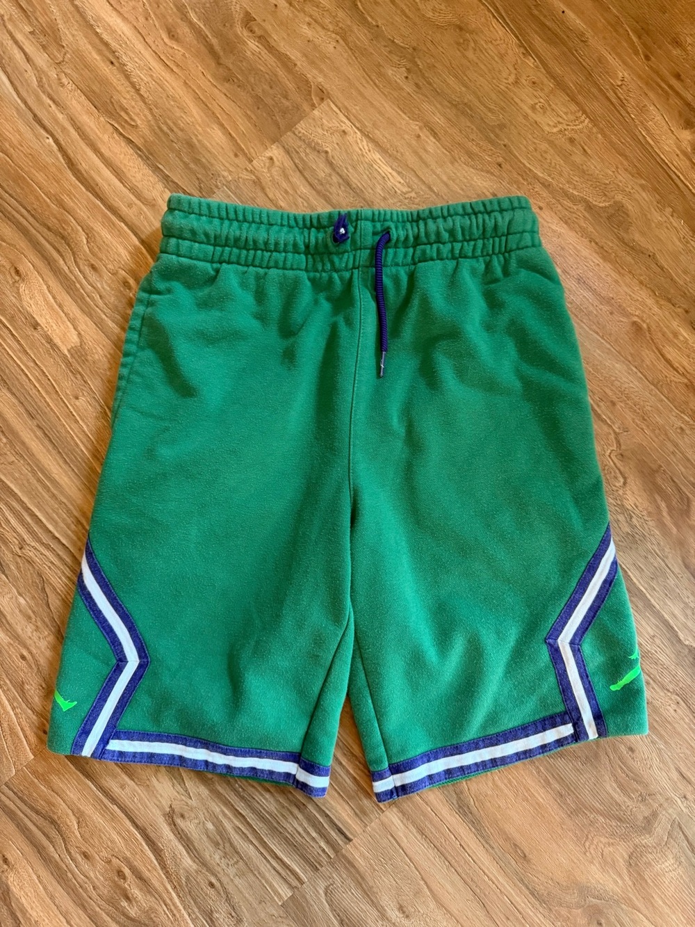 Jordan Green Kids Athletic Shorts with Purple & White Trim